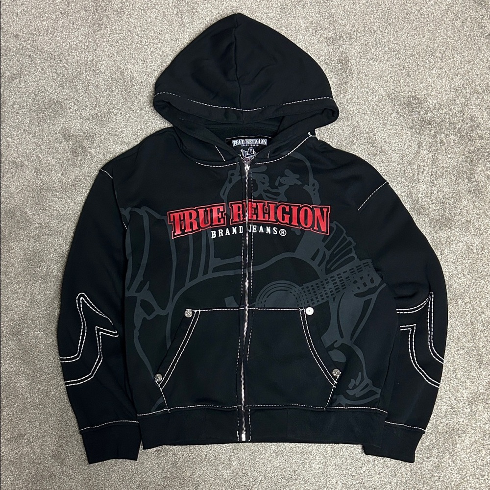 True Religion Logo White Stitch Black Zip Up Hoodie
